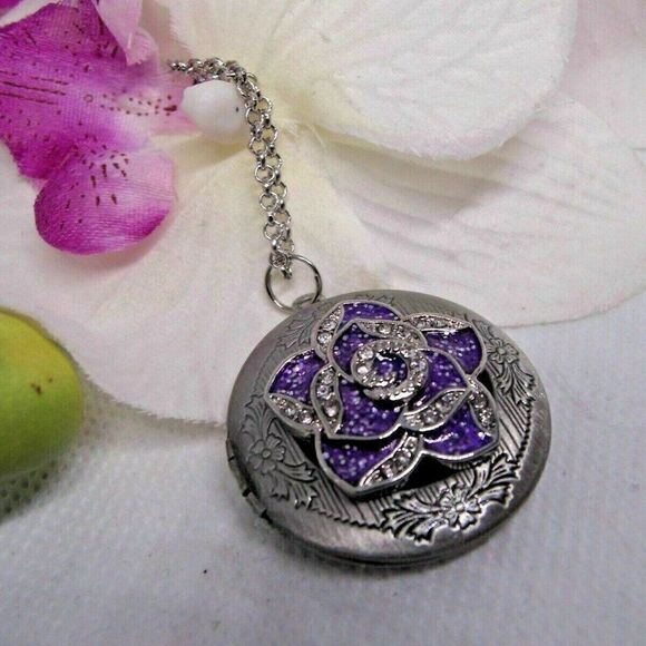 Rhinestone Rose Purple Silver Locket Necklace Rnd - Picture 5 of 8